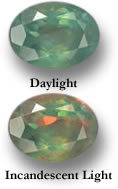 異なる照明の下で色が変化するアレキサンドライト宝石