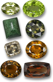 木の要素を持つ宝石: デマントイド ガーネット、ペリドット、モー・シット・シット、コルネルピン、シャンパン ダイヤモンド、ゴールデン ジルコン、トルマリン、エンスタタイト