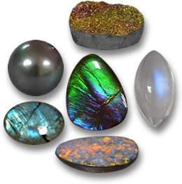 虹色の宝石: レインボーパイライト、ムーンストーン、オパールダブレット、ラブラドライト、パール、アンモライト