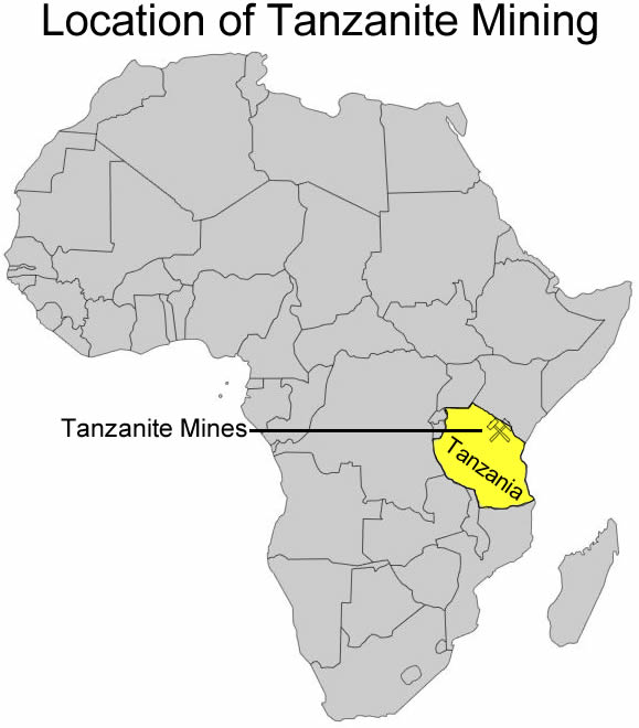 タンザニアのタンザナイト鉱山の位置を示すアフリカの地図