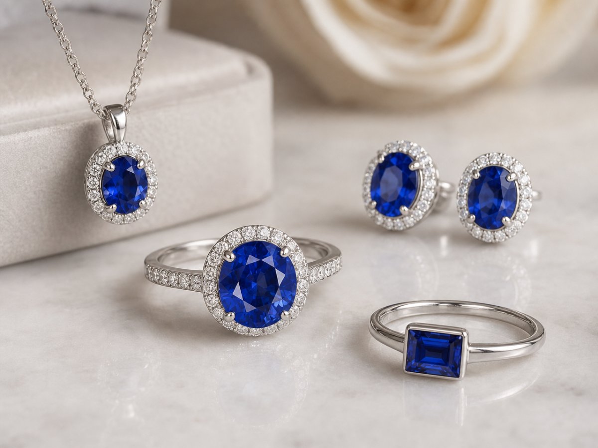 Blue Sapphire gemstones shown in jewelry