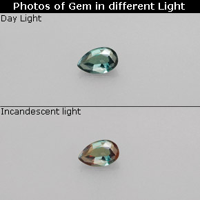 0.13カラットの天然グリーン/レッドアレキサンドライト（4×2.6 mm・洋梨の形）