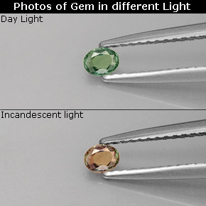 0.13カラットの天然グリーン/レッドアレキサンドライト、オーバルカット、VS