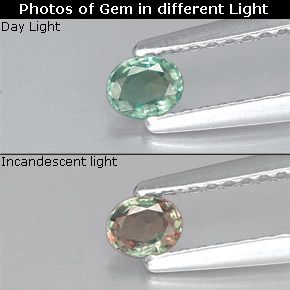 0.15カラットの天然グリーン/レッドアレキサンドライト（3.7×3 mm・オーバルカット）