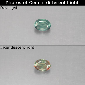 0.13カラットの天然グリーン/レッドアレキサンドライト（3.6×2.6 mm・オーバルカット）
