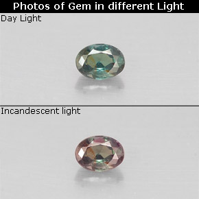 0.12カラットの天然グリーン/レッドアレキサンドライト（3.3×2.5 mm・オーバルカット）