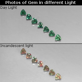 カラットの天然グリーン/レッドアレキサンドライト（3.1×3 mm・トリリアント）