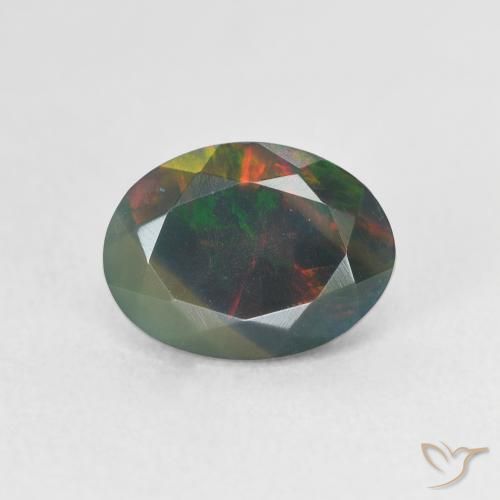 1.09ct 天然 マルチカラー ブラックオパール, 楕円形, 半透明
