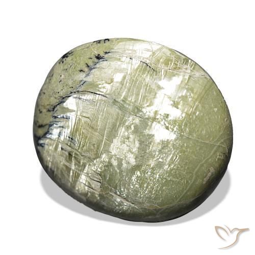 25.90カラットの天然黄みがかったグリーンキャッツアイオパール、クッション、オペーク