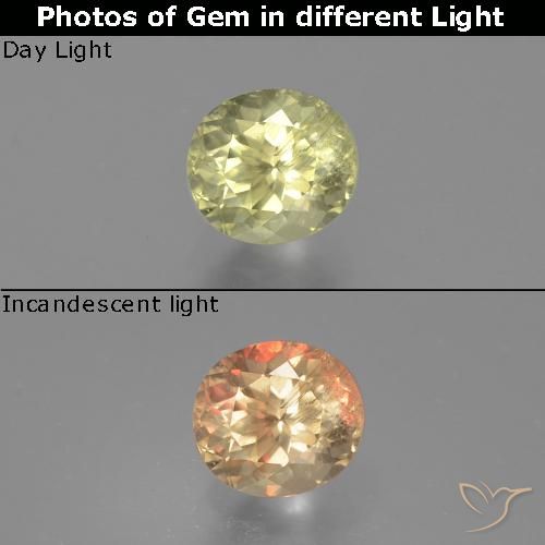 0.83カラットの天然ライトイエロー色が変わるダイアスポア、オーバルカット、VS-SI