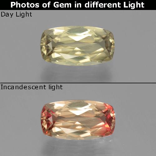 1.30カラットの天然ライトゴールデンイエロー色が変わるダイアスポア、クッションカット、VVS-VS