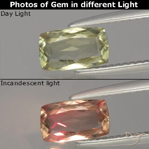 1.15カラットの天然ライトゴールデンイエロー色が変わるダイアスポア、クッションカット、VVS-VS