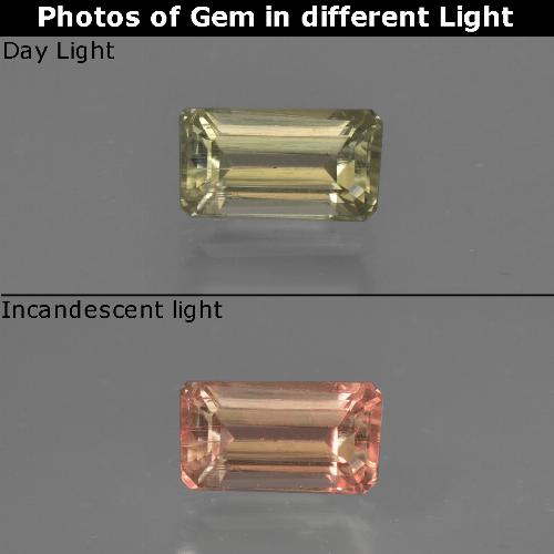 0.76カラットの天然茶色がかった黄色カラーチェンジダイアスポア（6.8×3.8 mm・エメラルドカット）