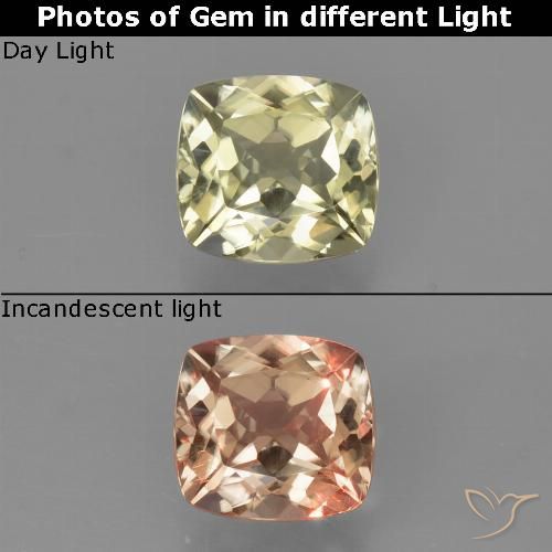 0.89カラットの天然非常に薄い黄色色が変わるダイアスポア、クッションカット、VVS-VS