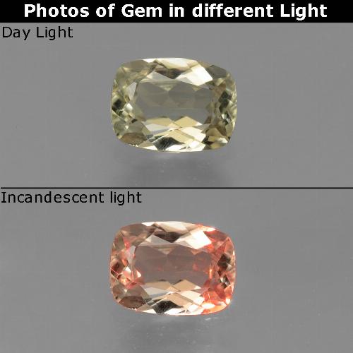 0.74カラットの天然非常に薄いゴールデンイエロー色が変わるダイアスポア、クッションカット、VVS-VS