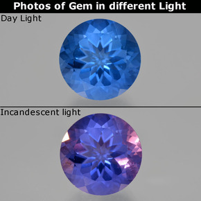 15.29カラットの天然濃いネイビーブルーカラーチェンジフローライト（14.98 mm・ラウンドカット）