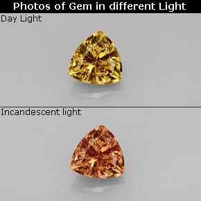 0.85カラットの天然緑がかった茶〜レッドピンクカラーチェンジガーネット（5.6×5.6 mm・トリリアント）