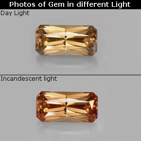 0.80カラットの天然ゴールドブラウンからオレンジカラーチェンジガーネット、エメラルドカット、VVS-VS