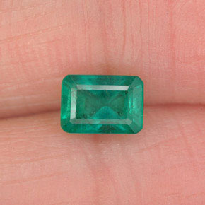 0.70カラットの天然ミディアムディープグリーンエメラルド（5.9×4.1 mm・エメラルドカット）
