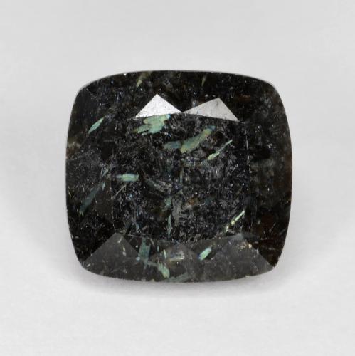7.92カラットの天然ブルースパークルがかった黒ヌーミット（12.1x11.3 mm・クッションカット）