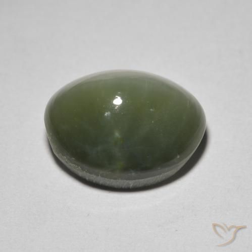 5.26カラットの天然グレーグリーンQuartz Cat's Eye（11.6×9.4 mm・オーバルカット）