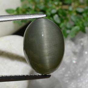 6.97カラットの天然アーシーグリーンQuartz Cat's Eye（12.7×9.4 mm・オーバルカット）