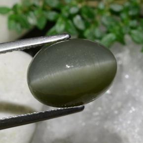 6.97カラットの天然アーシーグリーンQuartz Cat's Eye（12.7×9.4 mm・オーバルカット）