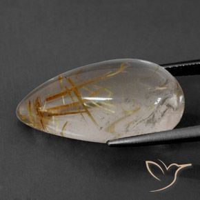 12.63カラットの天然非常に薄いゴールデンブラウンルチルクォーツ、洋梨の形、透明