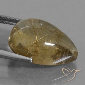 12.87カラットの天然非常に薄いゴールデンブラウンルチルクォーツ、洋梨の形、透明