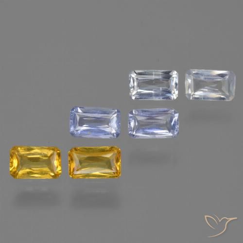 2.11カラットの天然マルチカラーサファイア（5.1×3.1 mm・エメラルドカット）