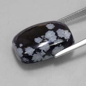 12.25カラットの天然グレー・ホワイト・ブラックスノーフレークオブシディアン（18.2×13.1 mm・クッションカット）