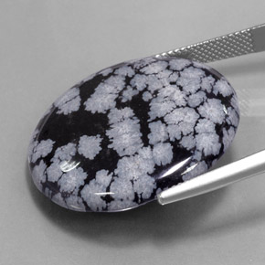 27.54カラットの天然グレーホワイト ブラックスノーフレークオブシディアン、ラウンドカット、オペーク