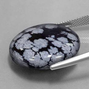 28.36カラットの天然グレーホワイト ブラックスノーフレークオブシディアン、ラウンドカット、オペーク